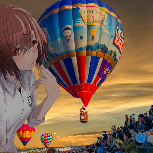 【続・夏・合成】夕焼けに熱気球