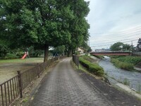 川沿いの石畳の道と小さな公園