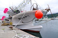 フル装備のイカ釣り漁船