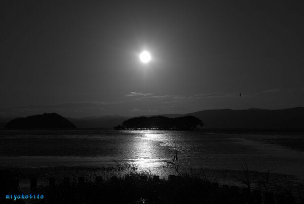 夕陽琵琶湖（白黒）