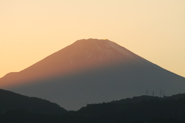 今日の夕陽と富士（ズーム）