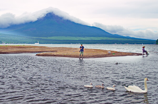 富士山と釣り人と白鳥