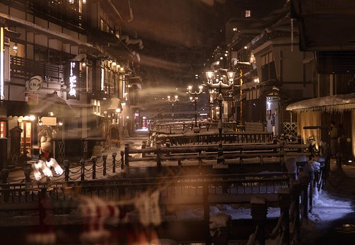 ガラス越しの銀山温泉
