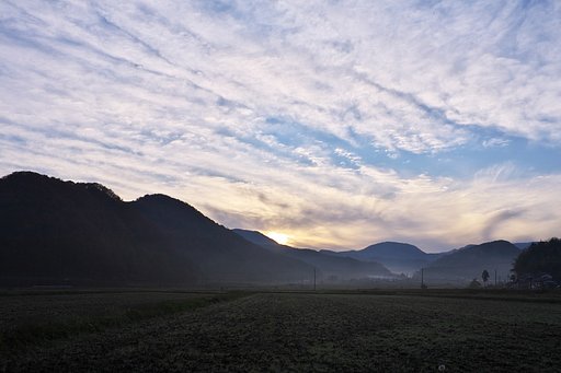 筋状ウロコ雲?の朝日の出。
