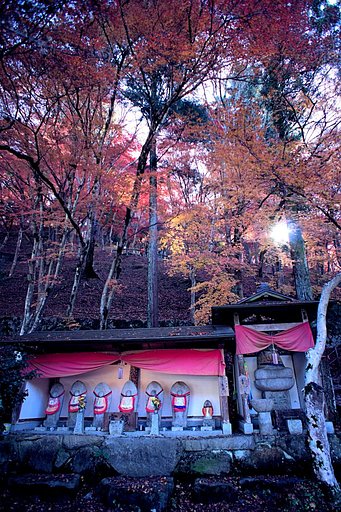 【逆光】　地蔵と紅葉