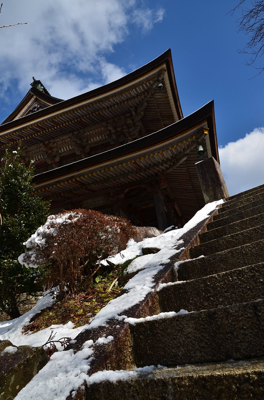 雪あがりの階段、見上げる大屋根