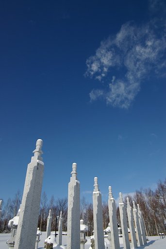 空の下，石塔立ち並ぶ