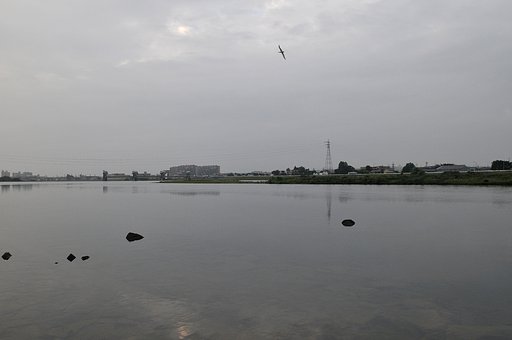 梅雨空の川面