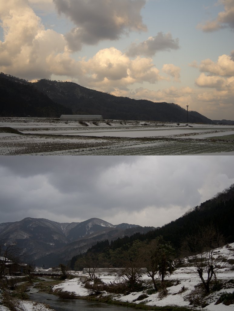 日の出の時間は雪がチラチラ。