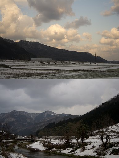 日の出の時間は雪がチラチラ。