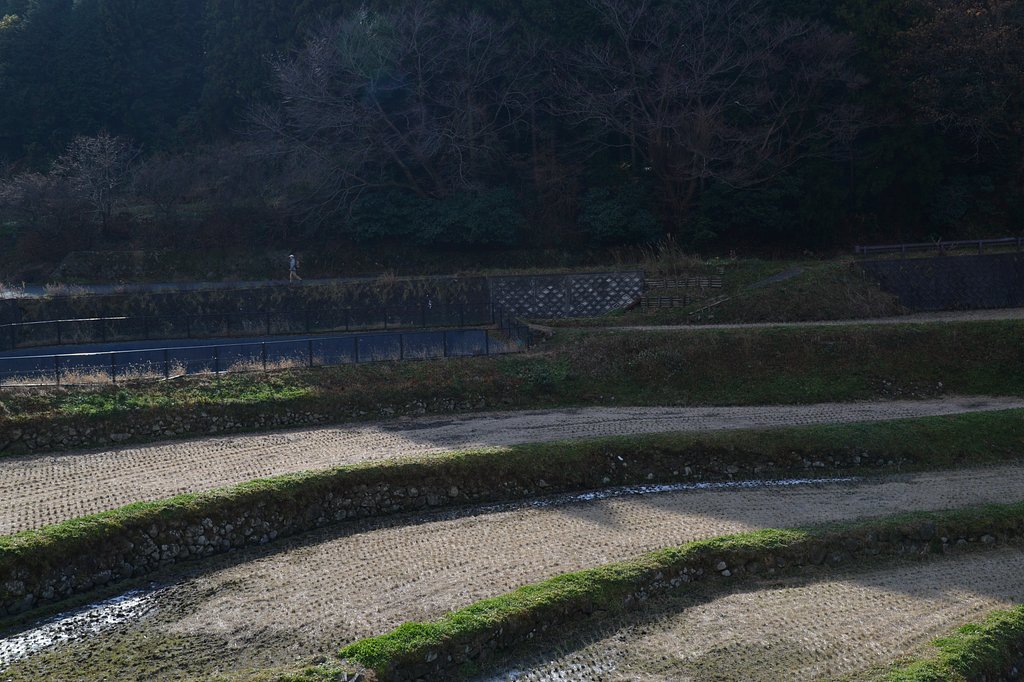 初冬の山あいを行くハイカー