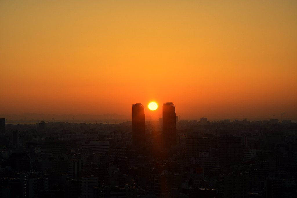 ビル間の朝日