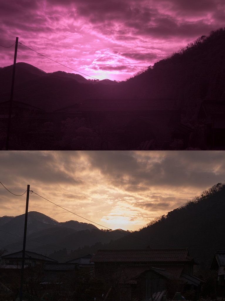 山の稜線からの朝日の出頃。