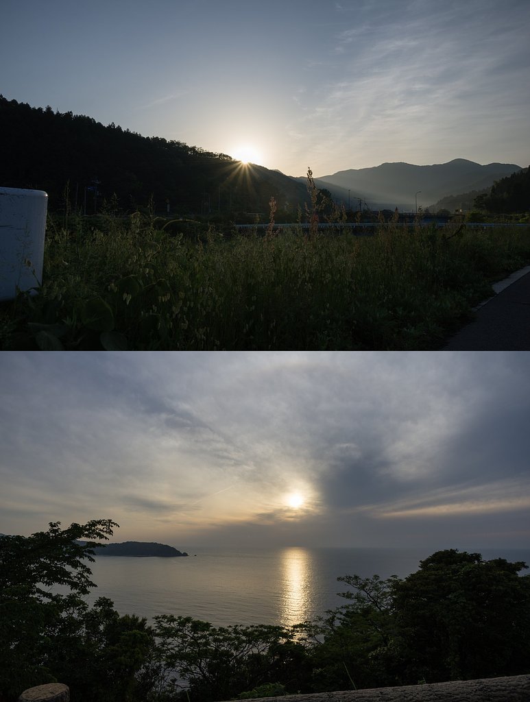 朝日の出、夕日の入り。