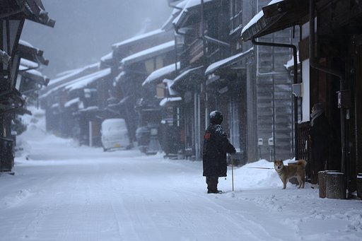 街道に雪を眺めて