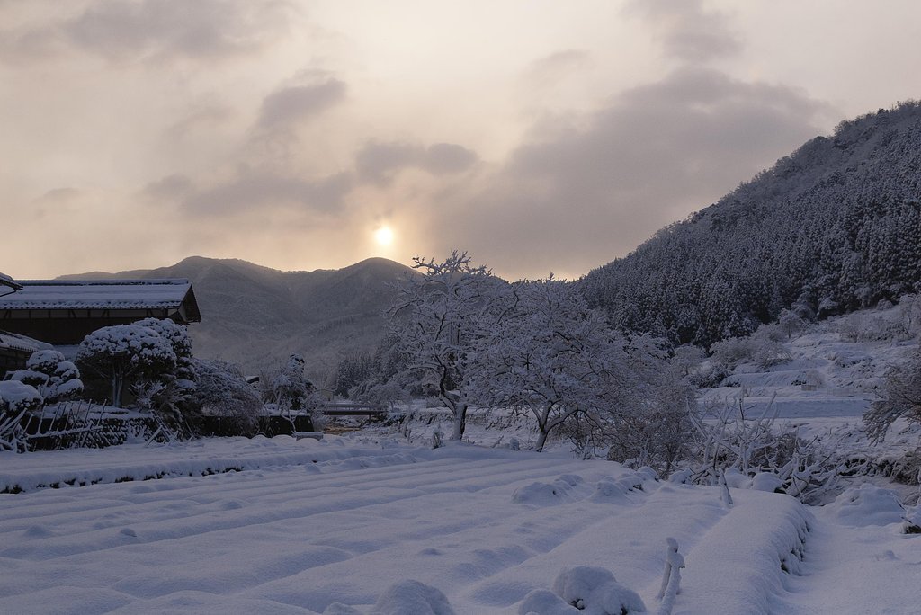春雪のある朝日！