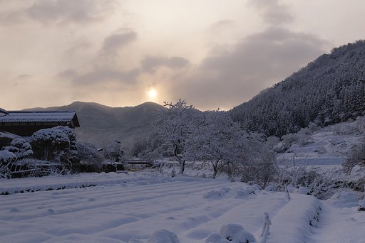 春雪のある朝日！