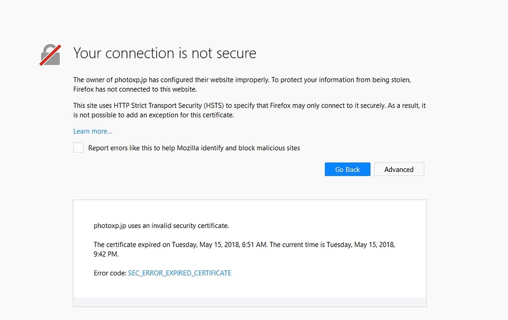 SSL Certificate の期限が切れているようです