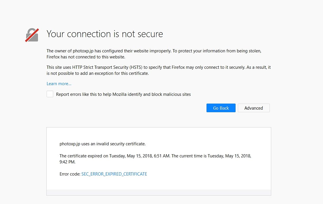 SSL Certificate の期限が切れているようです