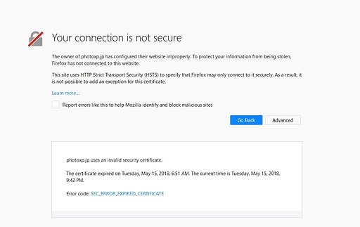 SSL Certificate の期限が切れているようです