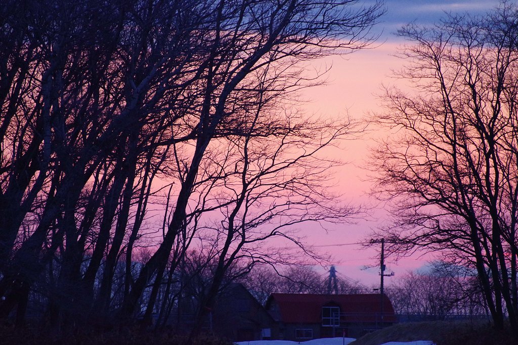 残雪のある夕景