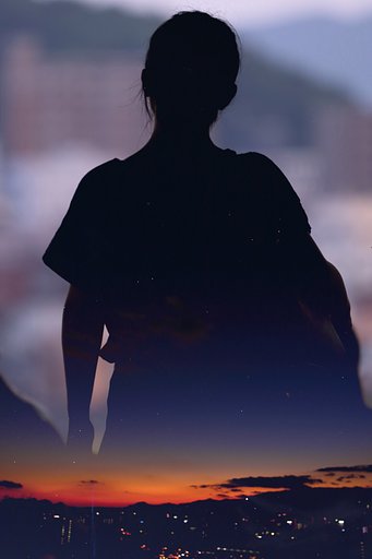 美女シルエットに夕焼けグラデと星空ぽつぽつ
