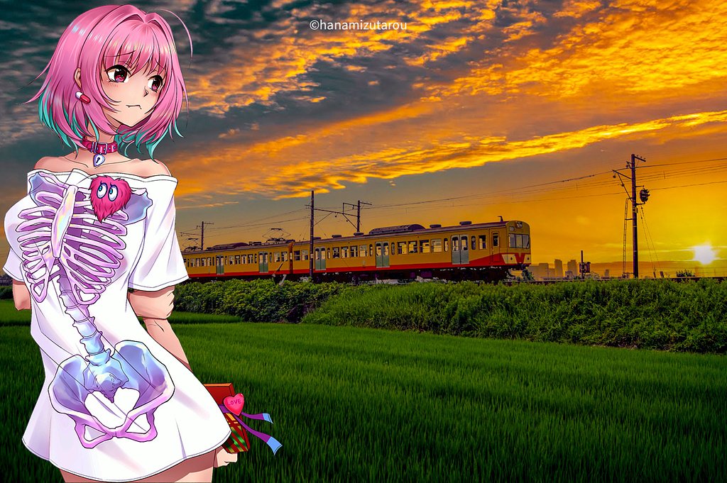 【続・夏・合成】夕焼け・電車・アイドル❣️