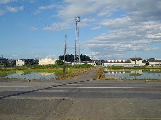 道路の向かい側に見える変わった形の鉄塔