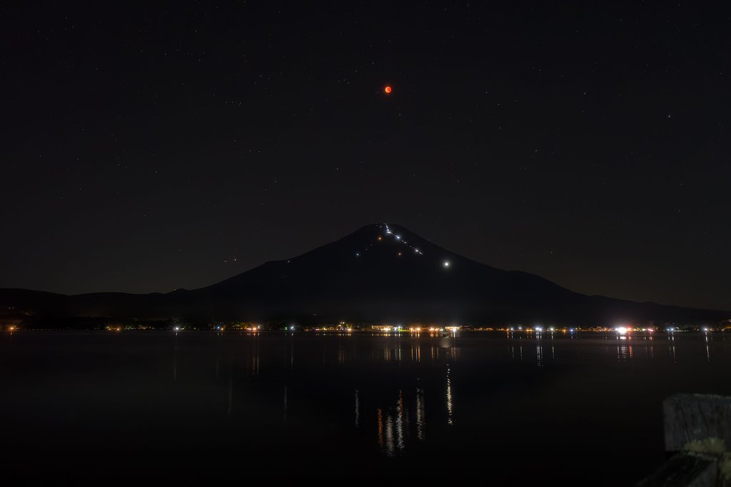 富士山と赤い月