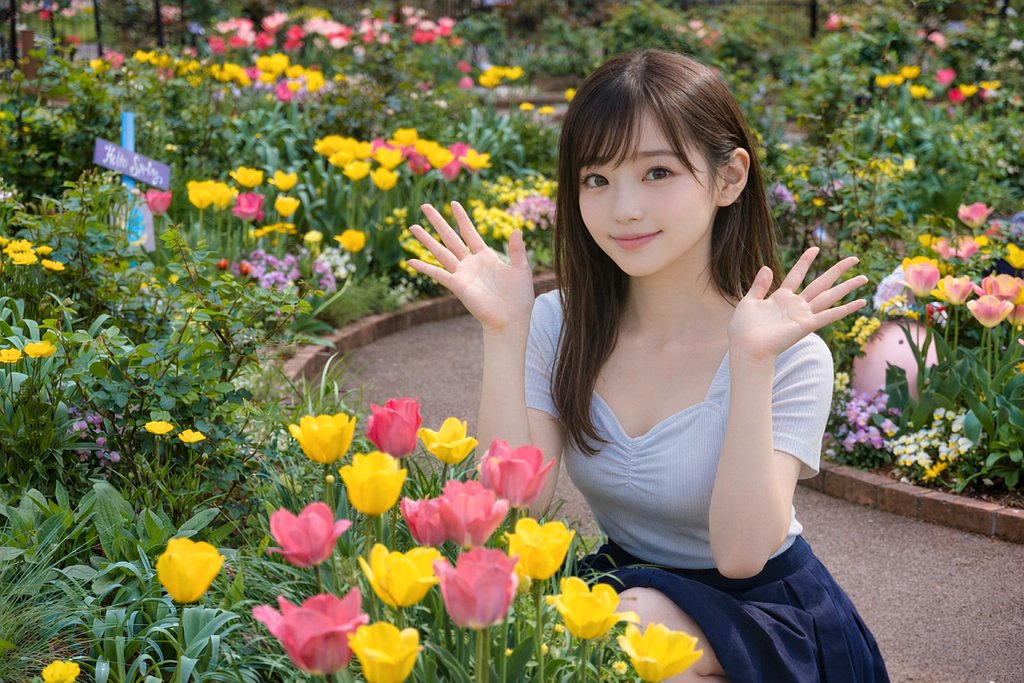 満開のチューリップでポートレート