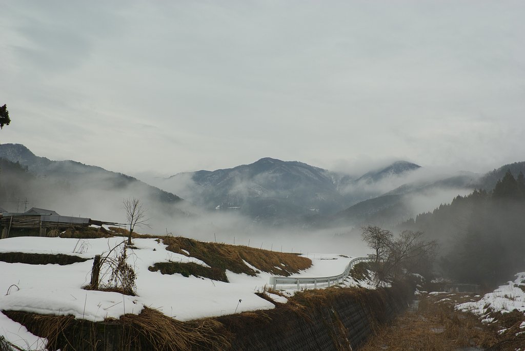 県境の山が水墨画の世界に