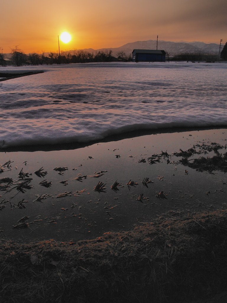 雪解けの田の日暮れ