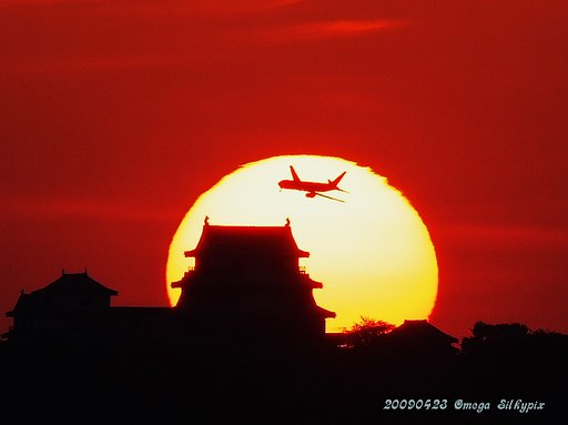 松山城に夕日
