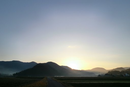 霧に包まれた朝日の出