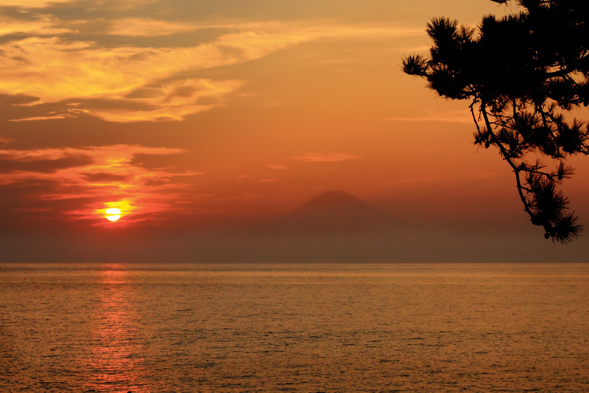 夕日と富士