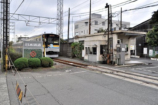 ハンドルを廻して遮断機を上げ下げする踏切