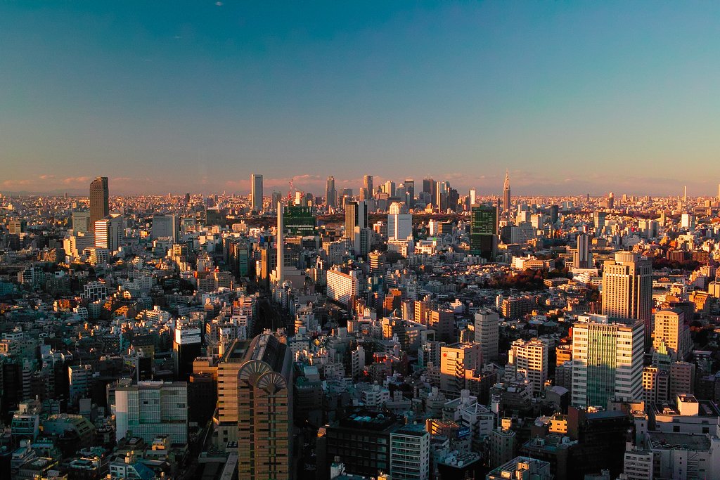 夕日に照らされる新宿副都心