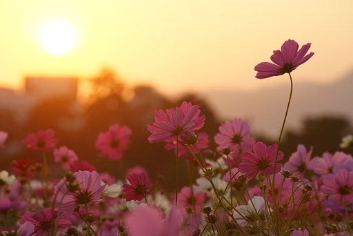 夕日に染まるコスモス