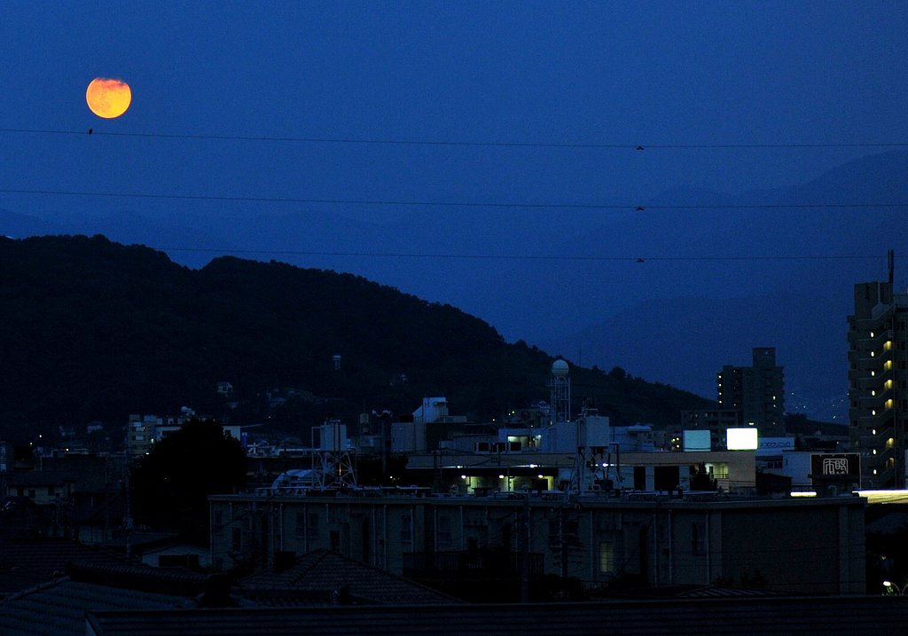 赤い月と夜景